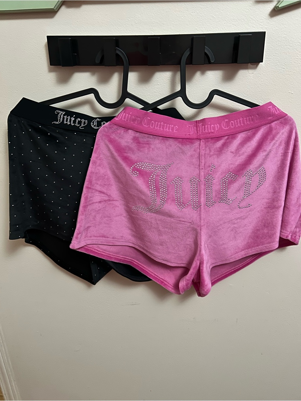 Juicy Couture Pink Velour Rhinestone Logo Shorts with Black Studded Pair